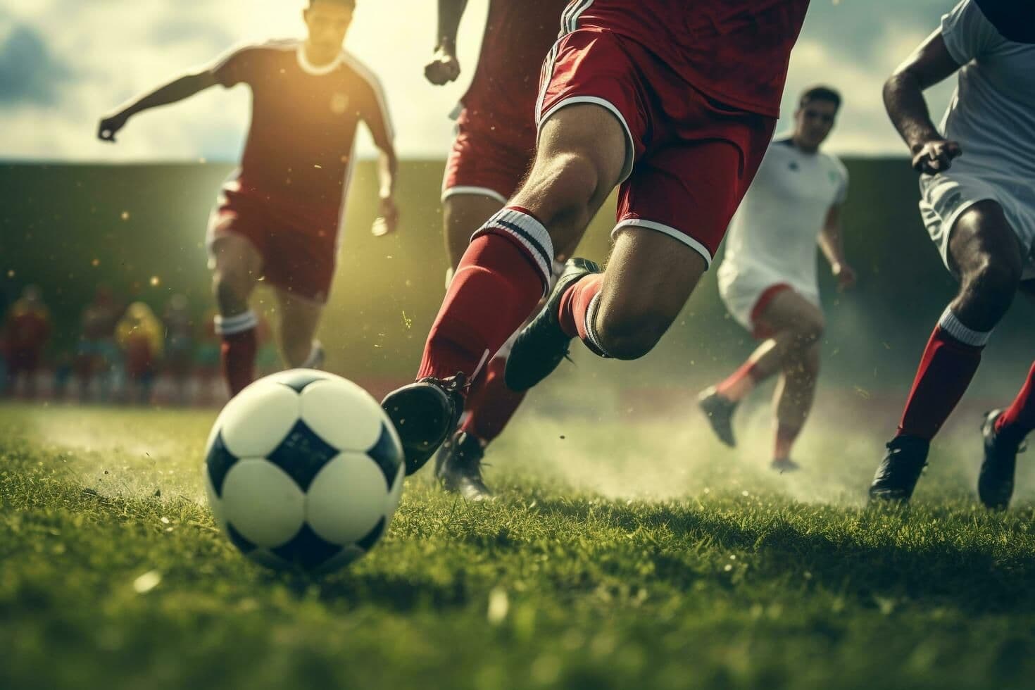 Footballers competing for the ball on a pitch